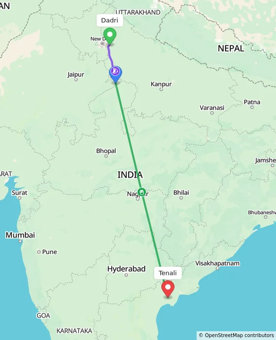Route map showing distance and travel time from Dadri, India to Tenali, India