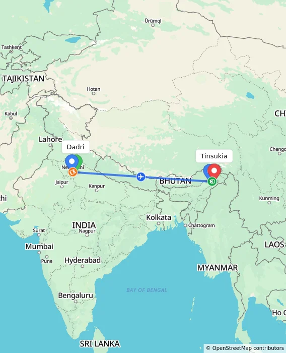 Route map showing distance and travel time from Dadri, India to Tinsukia, India