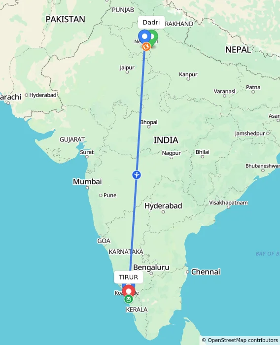 Route map showing distance and travel time from Dadri, India to TIRUR, India