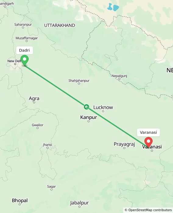 Route map showing distance and travel time from Dadri, India to Varanasi, India