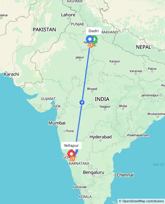 Route map showing distance and travel time from Dadri, India to Yellapur, India