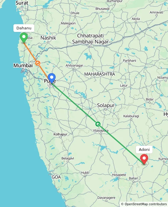 Route map showing distance and travel time from Dahanu, India to Adoni, India
