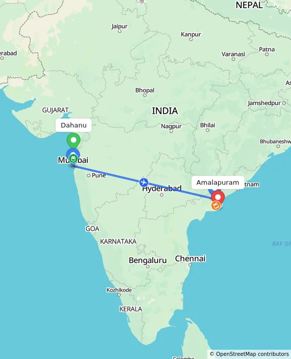 Route map showing distance and travel time from Dahanu, India to Amalapuram, India