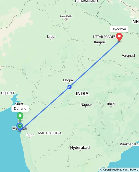 Route map showing distance and travel time from Dahanu, India to Ayodhya, India