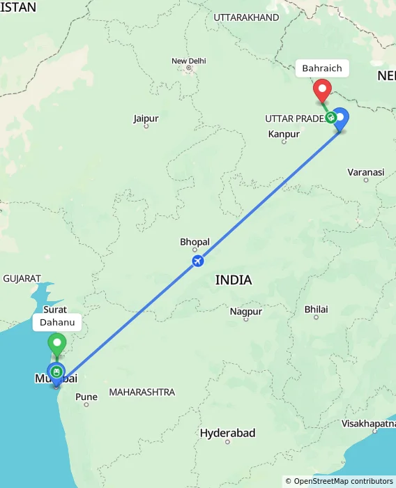 Route map showing distance and travel time from Dahanu, India to Bahraich, India