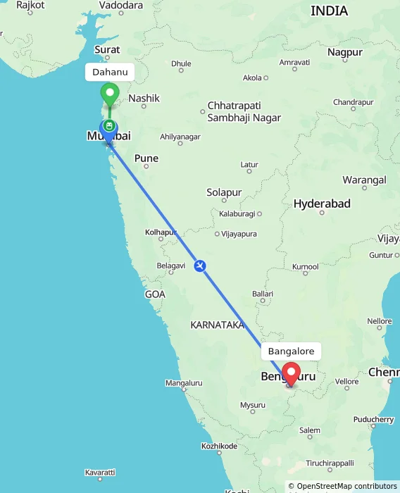 Route map showing distance and travel time from Dahanu, India to Bangalore, India