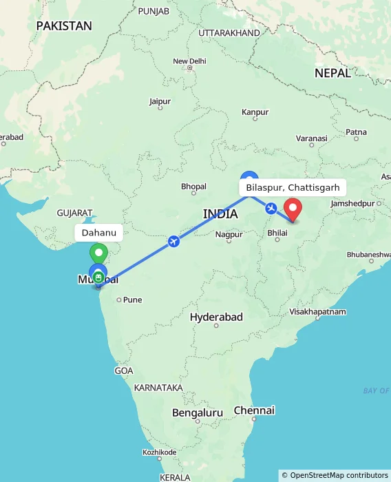 Route map showing distance and travel time from Dahanu, India to Bilaspur, Chattisgarh, India