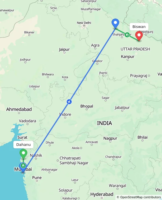 Route map showing distance and travel time from Dahanu, India to Biswan, India