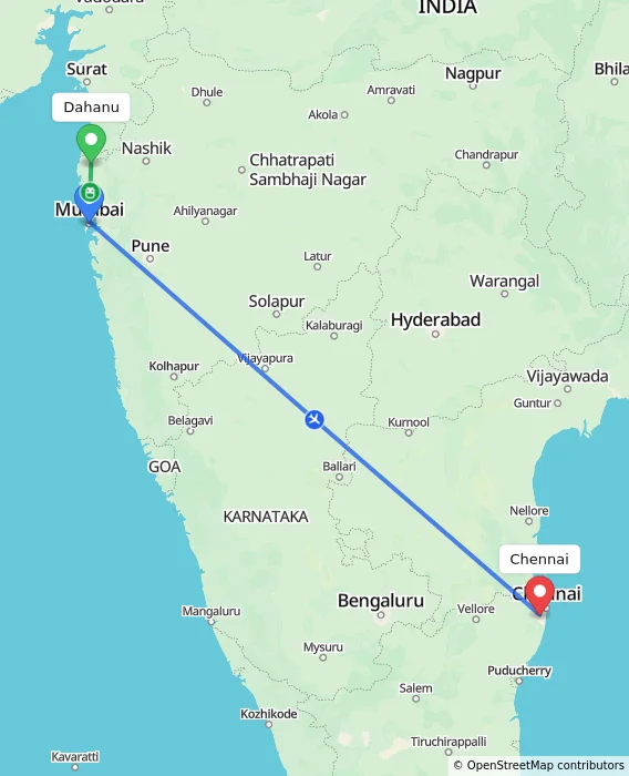 Route map showing distance and travel time from Dahanu, India to Chennai, India
