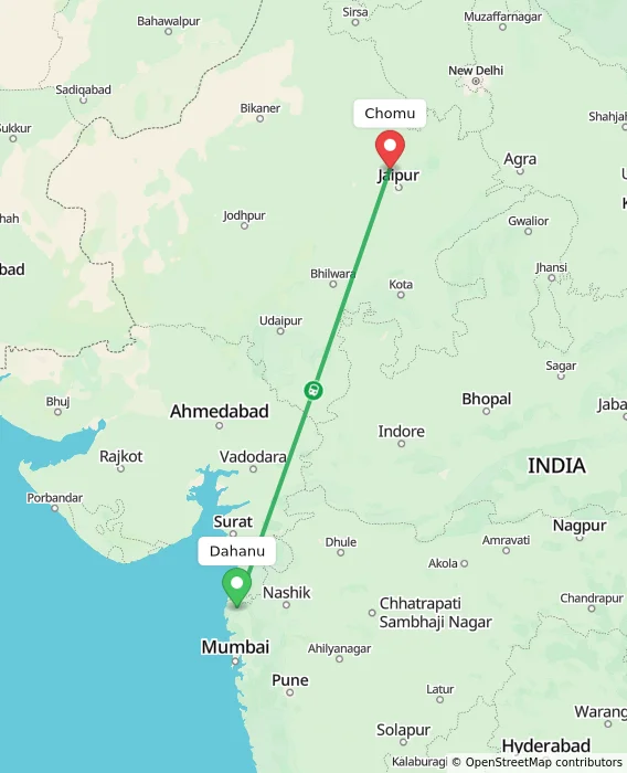 Route map showing distance and travel time from Dahanu, India to Chomu, India