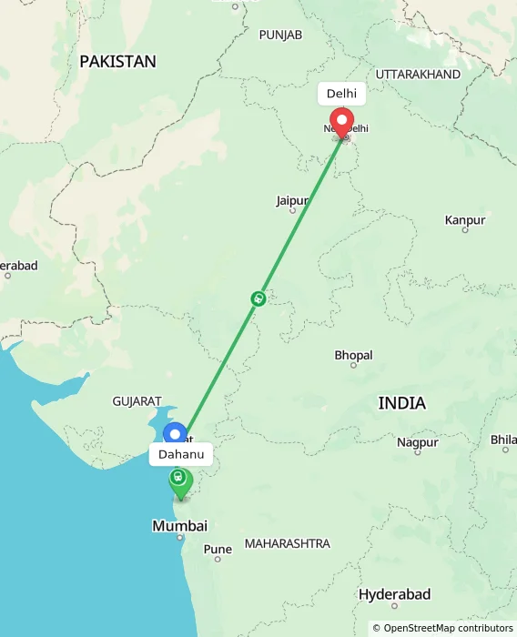Route map showing distance and travel time from Dahanu, India to Delhi, India