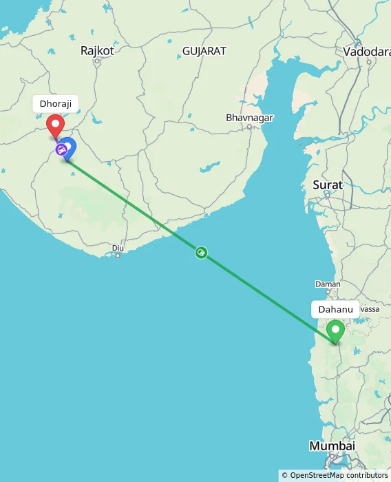 Route map showing distance and travel time from Dahanu, India to Dhoraji, India