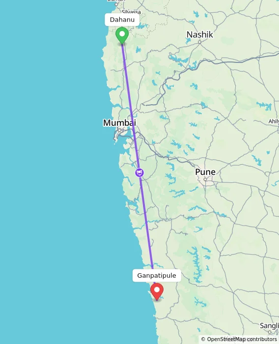 Route map showing distance and travel time from Dahanu, India to Ganpatipule, India