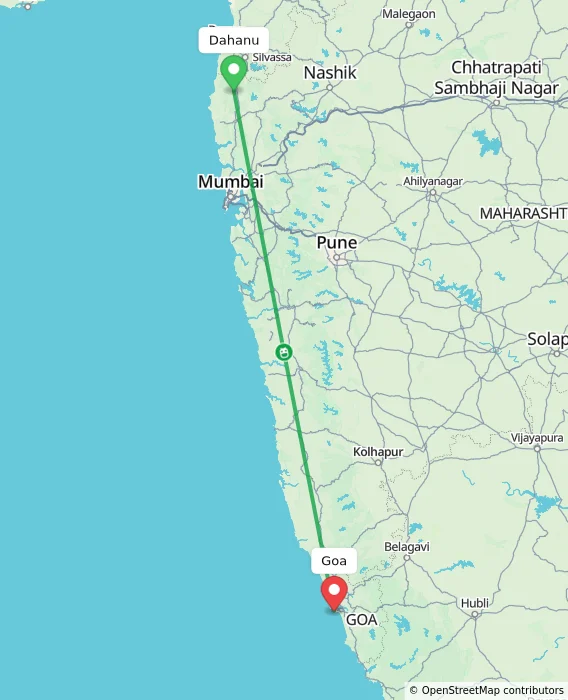 Route map showing distance and travel time from Dahanu, India to Goa, India
