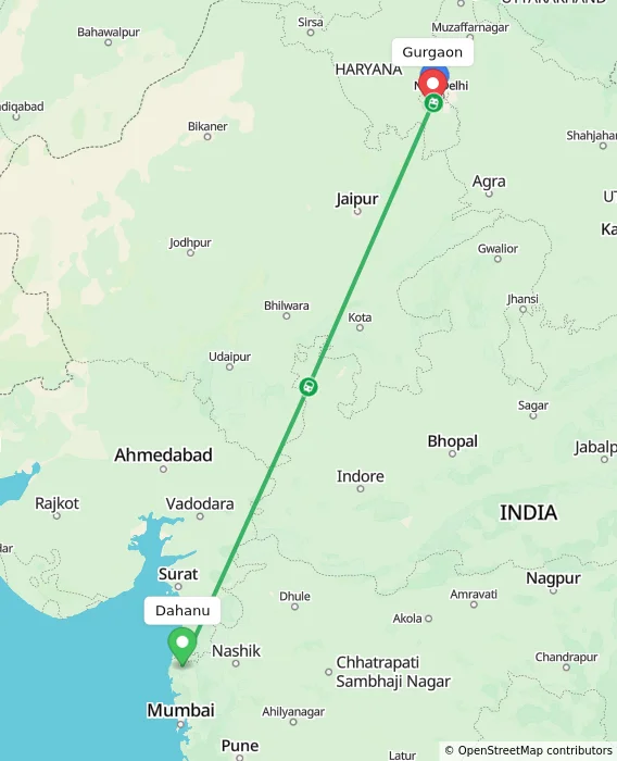 Route map showing distance and travel time from Dahanu, India to Gurgaon, India