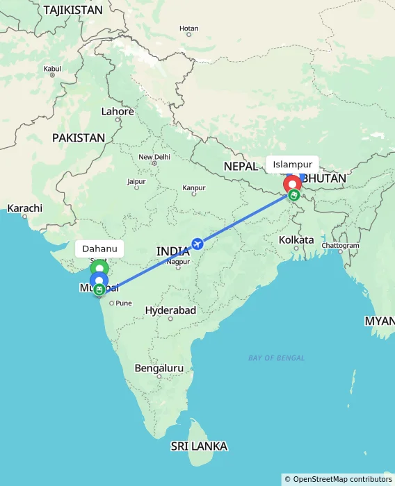 Route map showing distance and travel time from Dahanu, India to Islampur, India