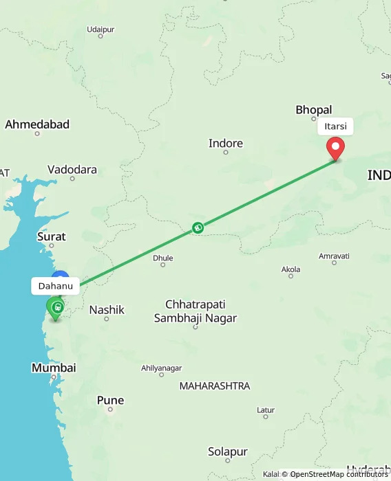 Route map showing distance and travel time from Dahanu, India to Itarsi, India