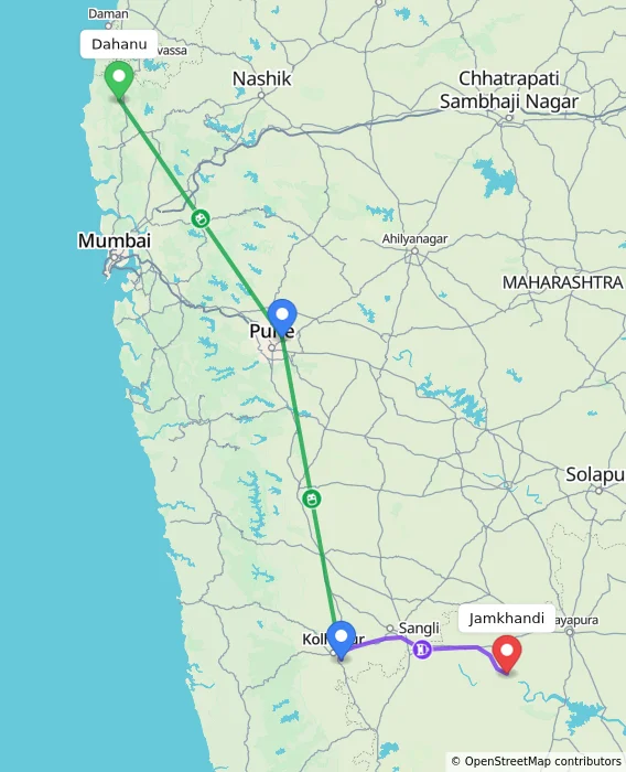 Route map showing distance and travel time from Dahanu, India to Jamkhandi, India