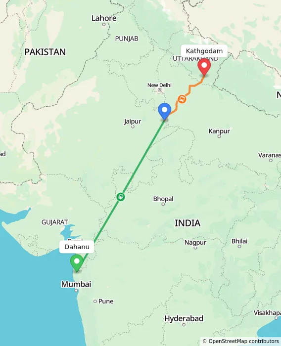 Route map showing distance and travel time from Dahanu, India to Kathgodam, India