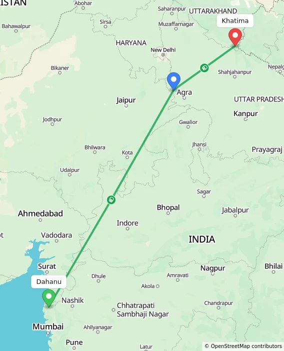 Route map showing distance and travel time from Dahanu, India to Khatima, India