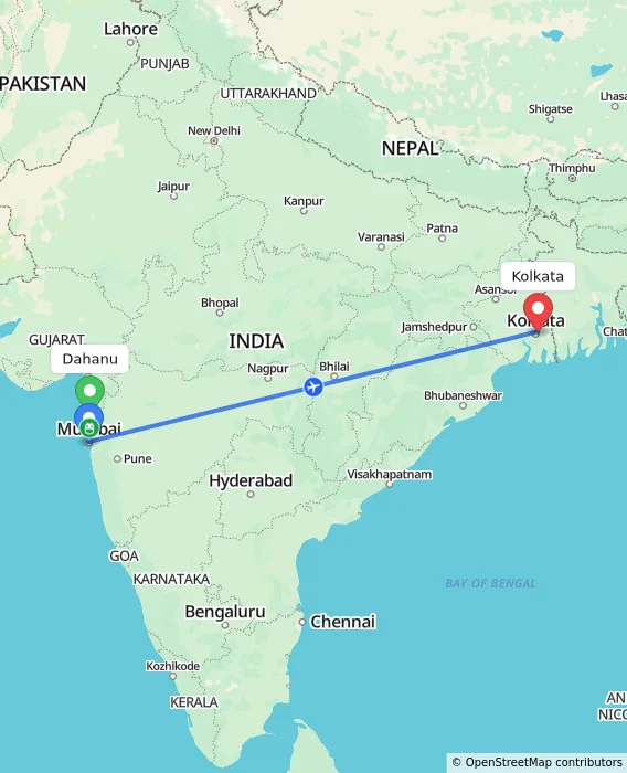 Route map showing distance and travel time from Dahanu, India to Kolkata, India