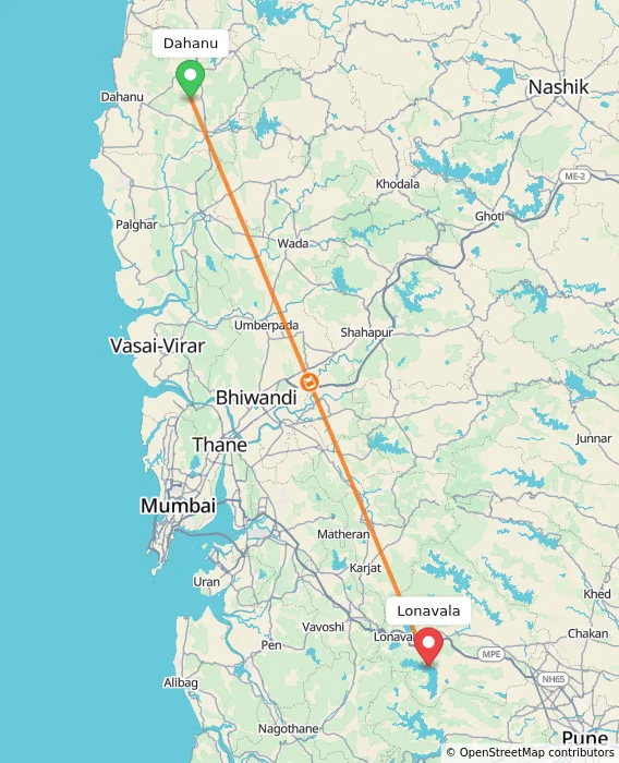 Route map showing distance and travel time from Dahanu, India to Lonavala, India