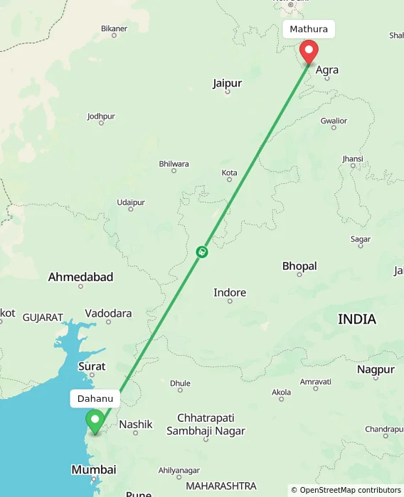 Route map showing distance and travel time from Dahanu, India to Mathura, India