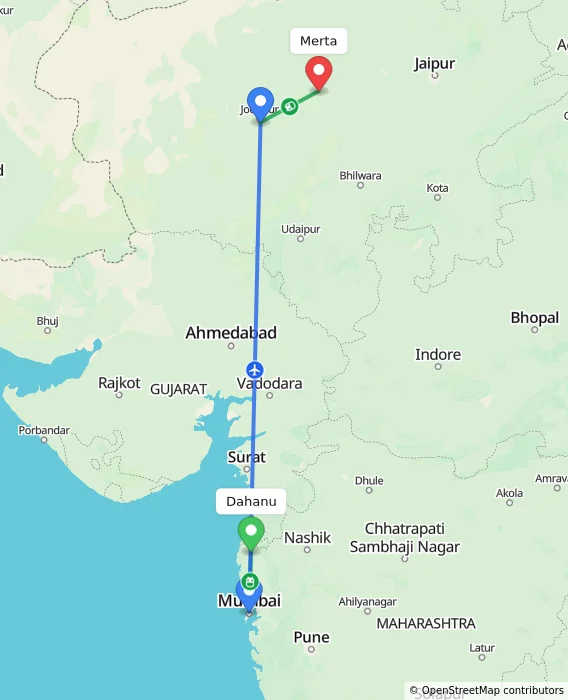 Route map showing distance and travel time from Dahanu, India to Merta, India