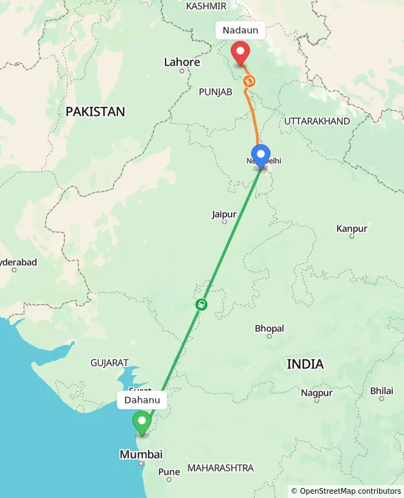 Route map showing distance and travel time from Dahanu, India to Nadaun, India