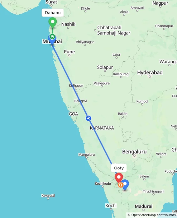 Route map showing distance and travel time from Dahanu, India to Ooty, India
