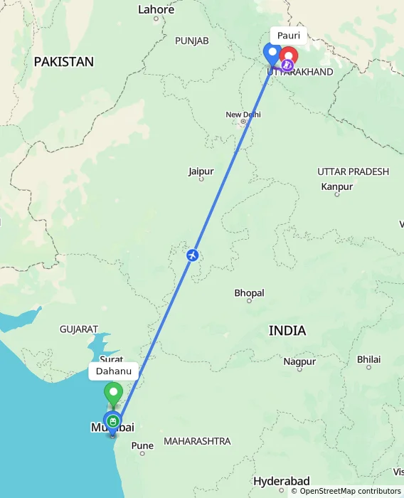 Route map showing distance and travel time from Dahanu, India to Pauri, India