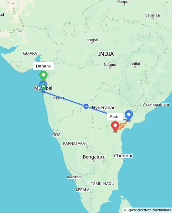 Route map showing distance and travel time from Dahanu, India to Podili, India