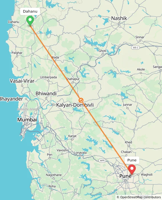 Route map showing distance and travel time from Dahanu, India to Pune, India