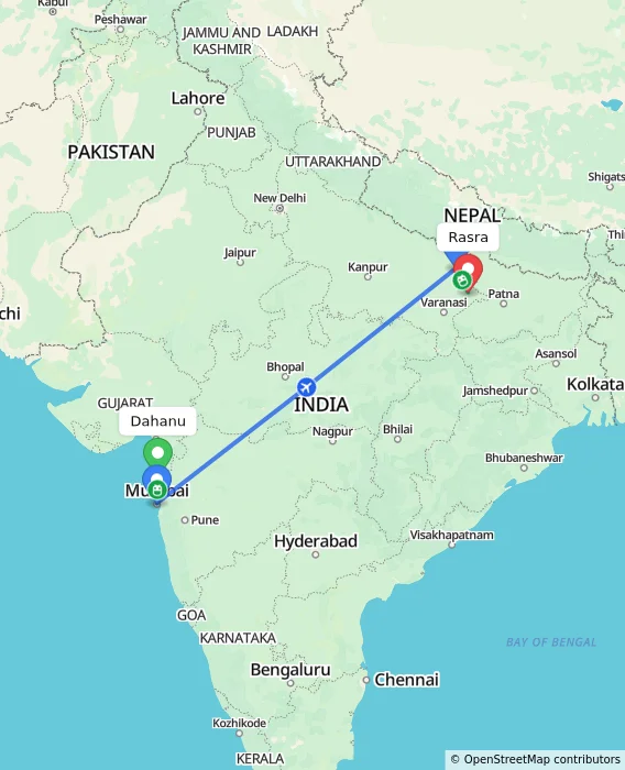 Route map showing distance and travel time from Dahanu, India to Rasra, India