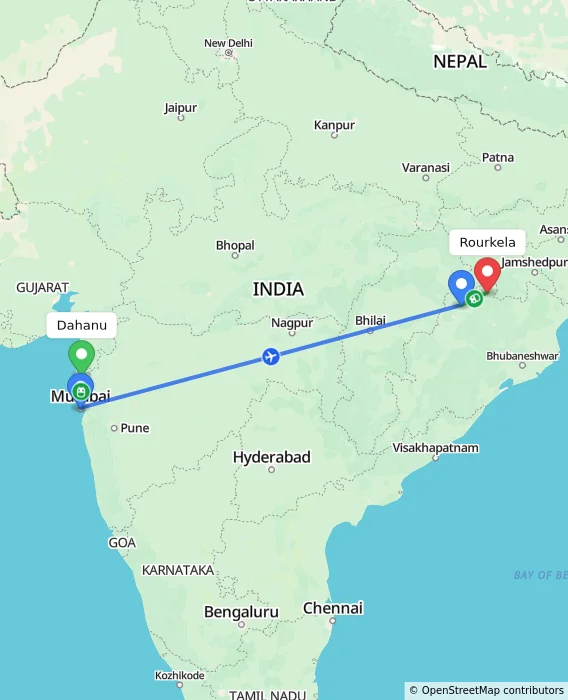 Route map showing distance and travel time from Dahanu, India to Rourkela, India