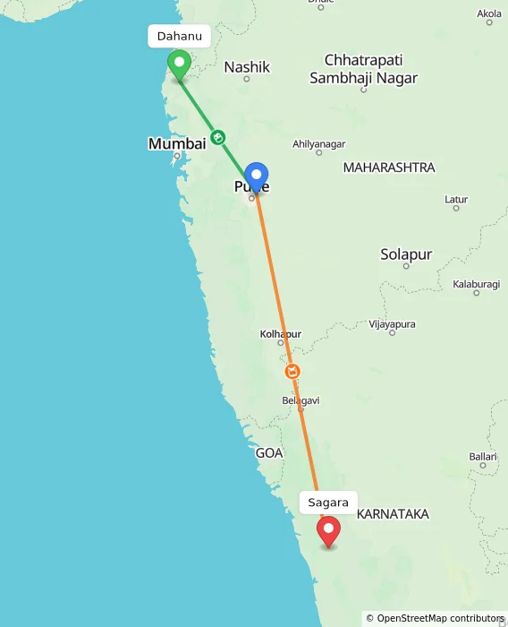 Route map showing distance and travel time from Dahanu, India to Sagara, India