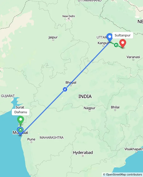 Route map showing distance and travel time from Dahanu, India to Sultanpur, India