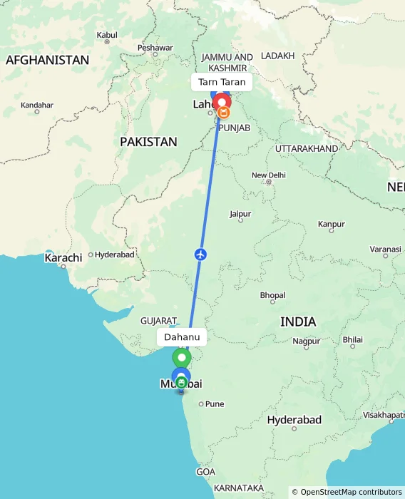 Route map showing distance and travel time from Dahanu, India to Tarn Taran, India