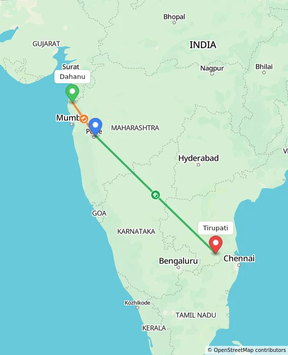 Route map showing distance and travel time from Dahanu, India to Tirupati, India