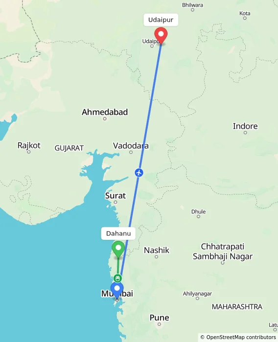 Route map showing distance and travel time from Dahanu, India to Udaipur, India