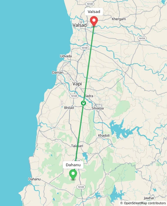 Route map showing distance and travel time from Dahanu, India to Valsad, India