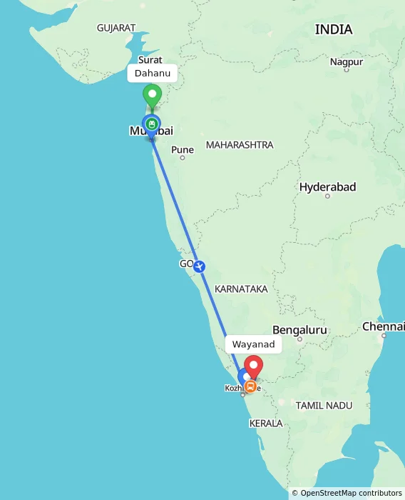 Route map showing distance and travel time from Dahanu, India to Wayanad, India