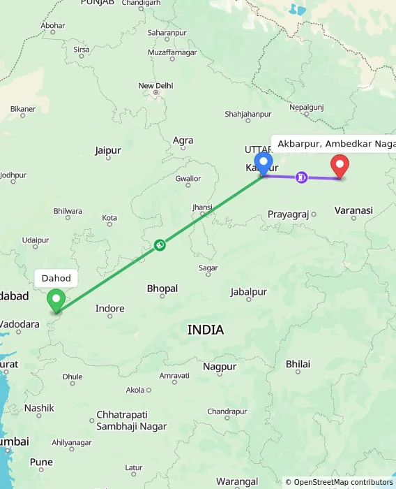 Route map showing distance and travel time from Dahod, India to Akbarpur, Ambedkar Nagar, India