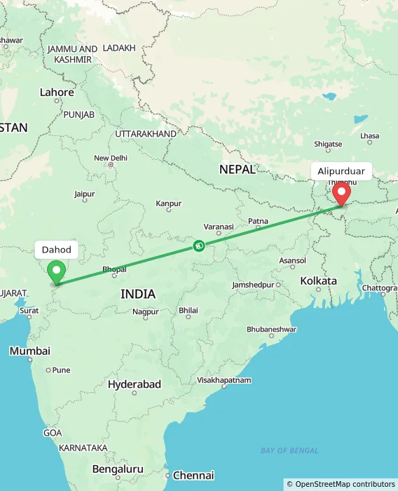 Route map showing distance and travel time from Dahod, India to Alipurduar, India