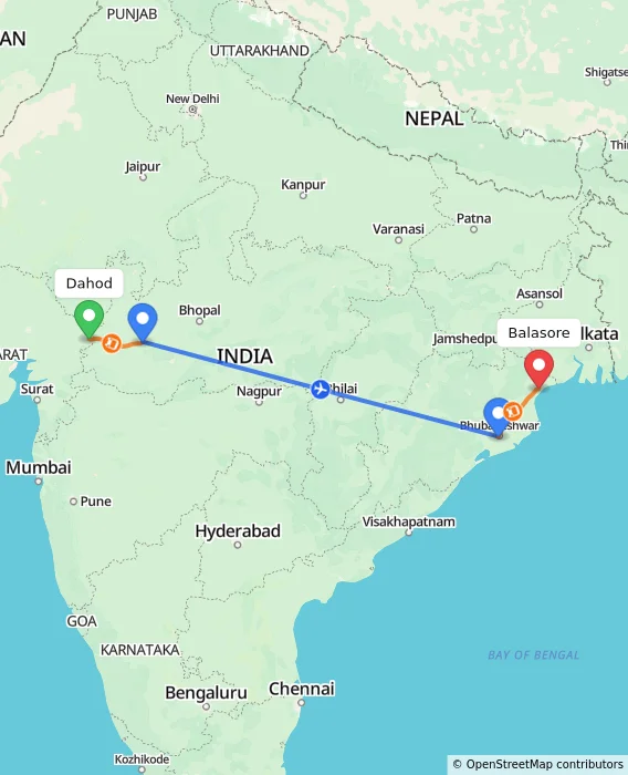 Route map showing distance and travel time from Dahod, India to Balasore, India