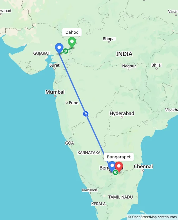 Route map showing distance and travel time from Dahod, India to Bangarapet, India