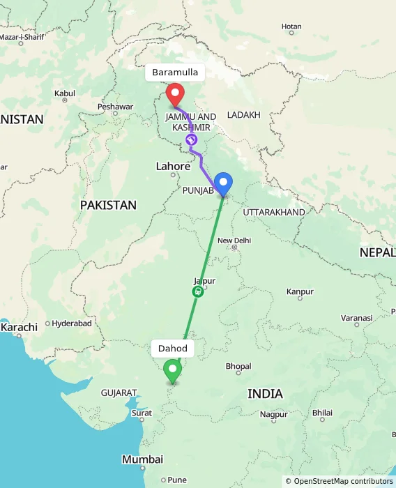 Route map showing distance and travel time from Dahod, India to Baramulla, India