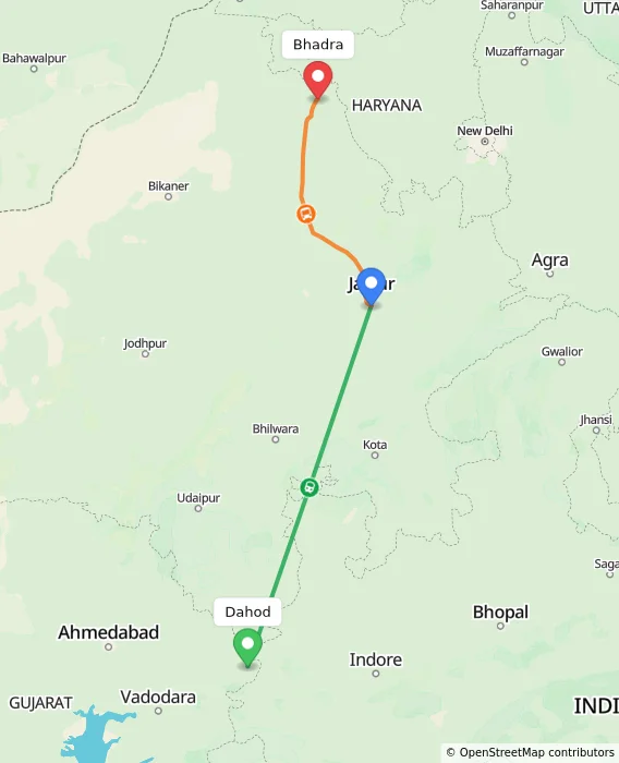 Route map showing distance and travel time from Dahod, India to Bhadra, India