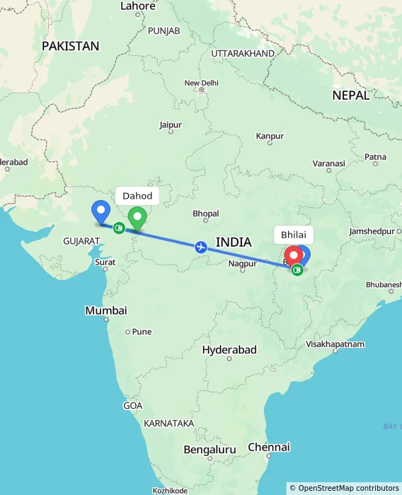 Route map showing distance and travel time from Dahod, India to Bhilai, India