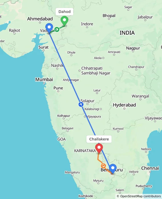 Route map showing distance and travel time from Dahod, India to Challakere, India